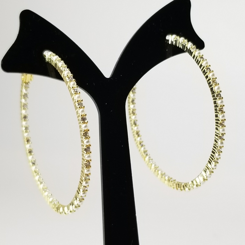 NEW Gold Pave CZ Diamond Pearl Hoop Earrings - Picture 1 of 8